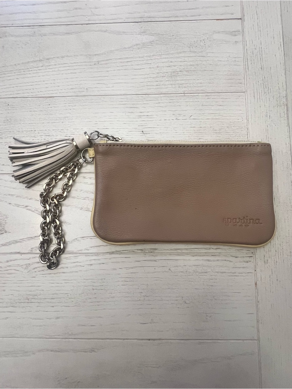 Spartina 449 Taupe Leather Pouch Wristlet with Tassel and Chain